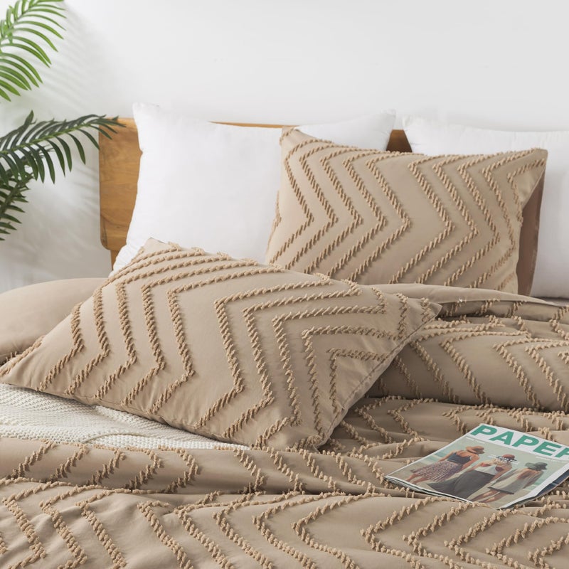 Andency Taupe Comforter Set Full Size, Boho Soft Warm Tufted Bedding Comforter Sets for Full Size Bed, 3 Pieces Aesthetic Chevron Farmhouse Cute Bohemian Textured Bed Set - Image 5